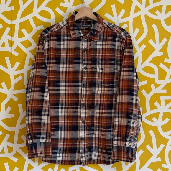 Eddie Bauer Tan Blue White Flannel Button Down Cotton Shirt - S/M - Picture 1 of 5